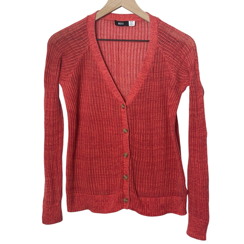 BDG‎ Red Cotton Knit V Neck Button Down Long Sleeve Cardigan Layering Cottage